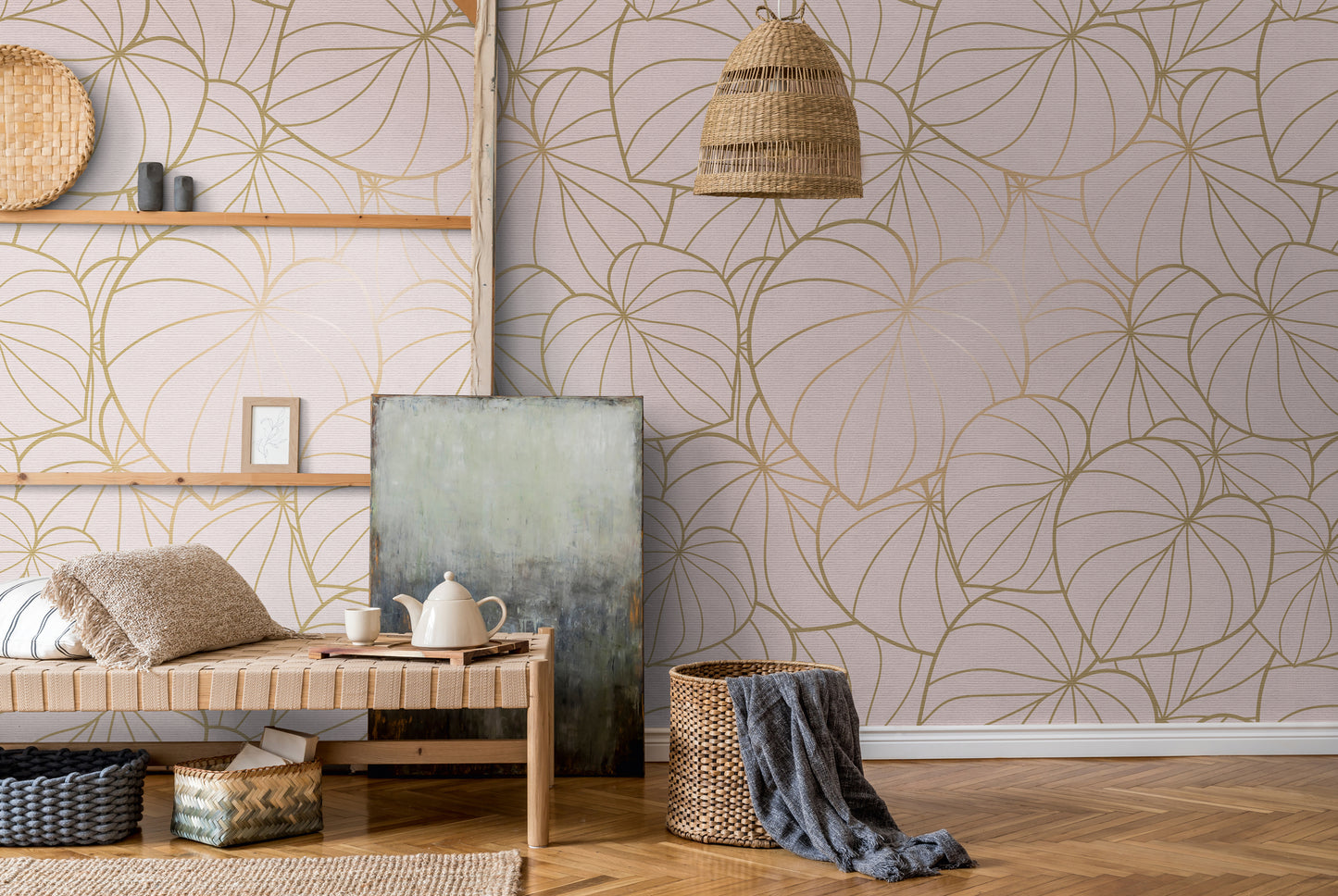 Fototapete Blätter Gold Beige – 1,59 m x 2,80 m