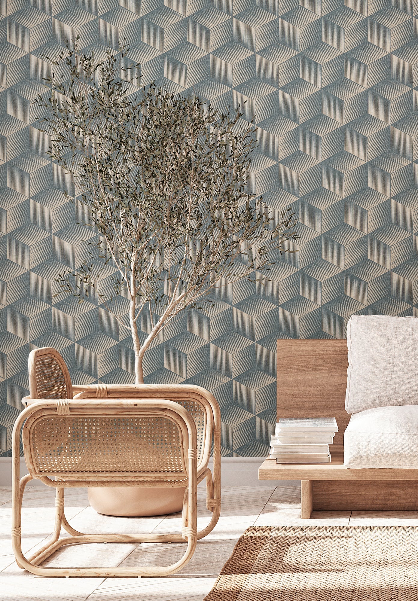Natural Living Retro Vliestapete Blau Beige 10,05 m x 0,53 m