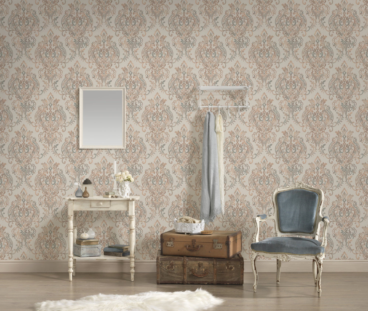 The Wallcover Ornamenttapete selbstklebend Beige Creme Weiß 8,40 m x 0,53 m