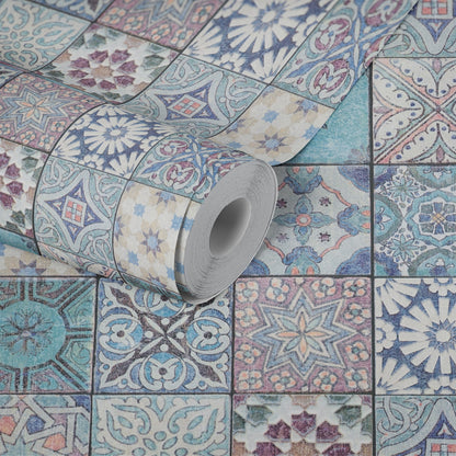 The Wallcover Vintagetapete selbstklebend Türkis Lila Blau 8,40 m x 0,53 m