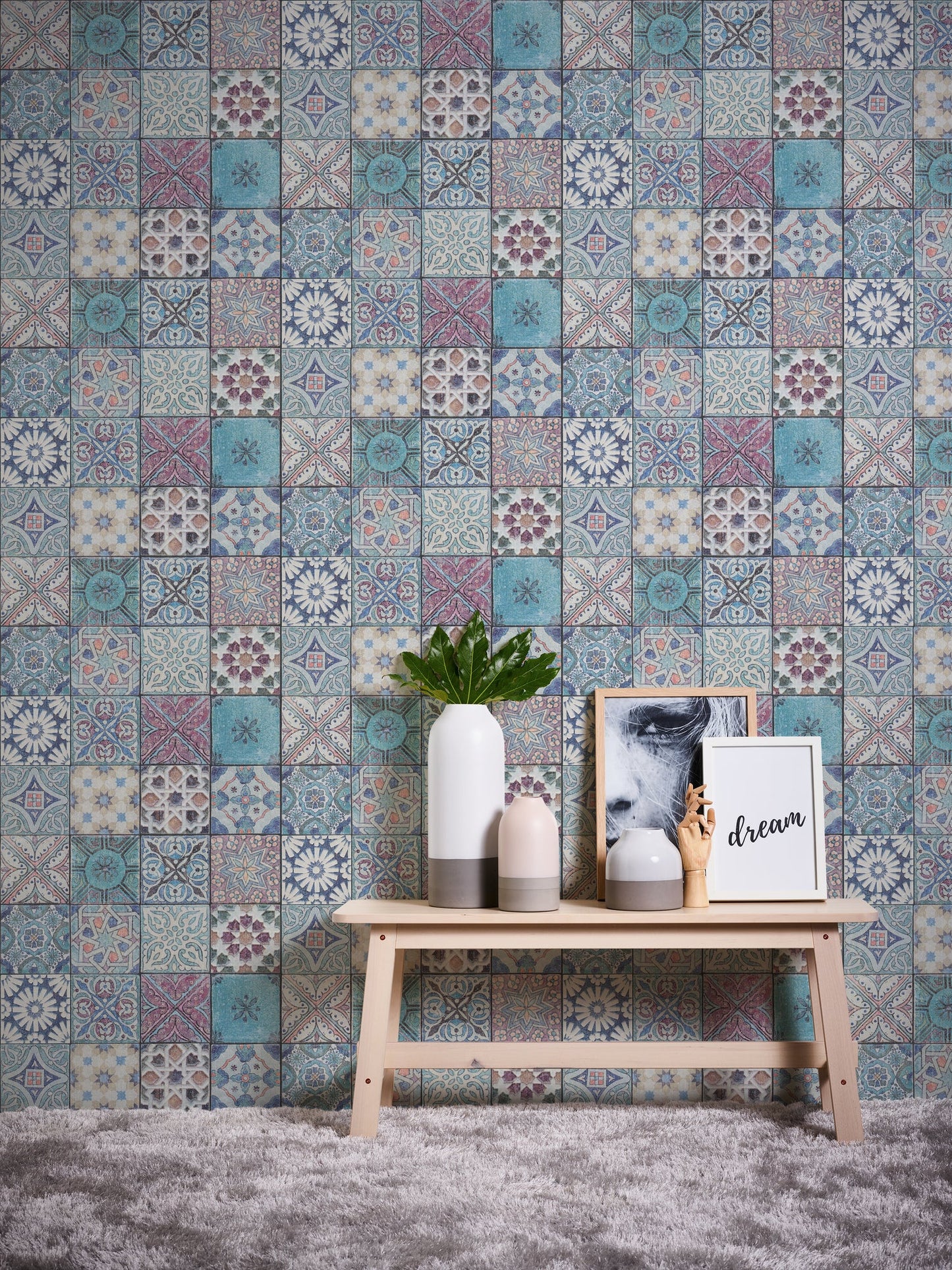 The Wallcover Vintagetapete selbstklebend Türkis Lila Blau 8,40 m x 0,53 m
