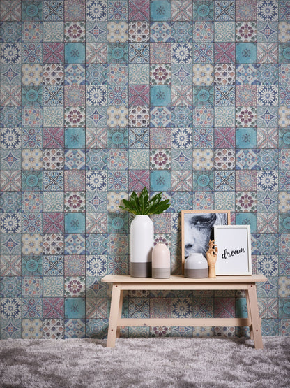 The Wallcover Vintagetapete selbstklebend Türkis Lila Blau 8,40 m x 0,53 m