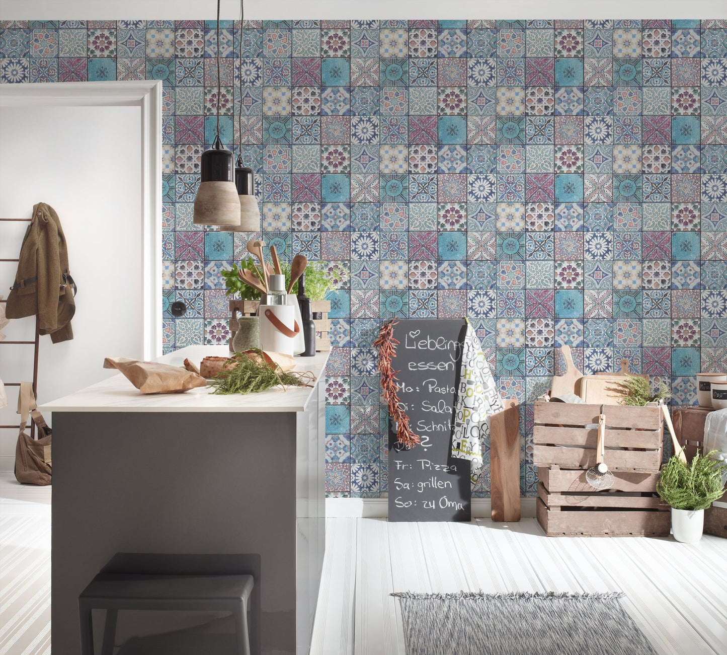 The Wallcover Vintagetapete selbstklebend Türkis Lila Blau 8,40 m x 0,53 m