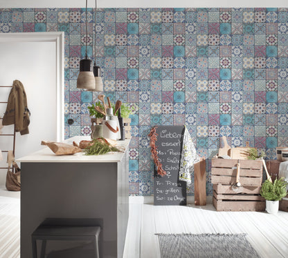The Wallcover Vintagetapete selbstklebend Türkis Lila Blau 8,40 m x 0,53 m