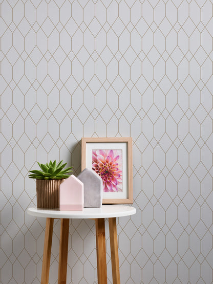 The Wallcover Tapete selbstklebend mit geometrischem Design Weiß Gold 8,40 m x 0,53 m