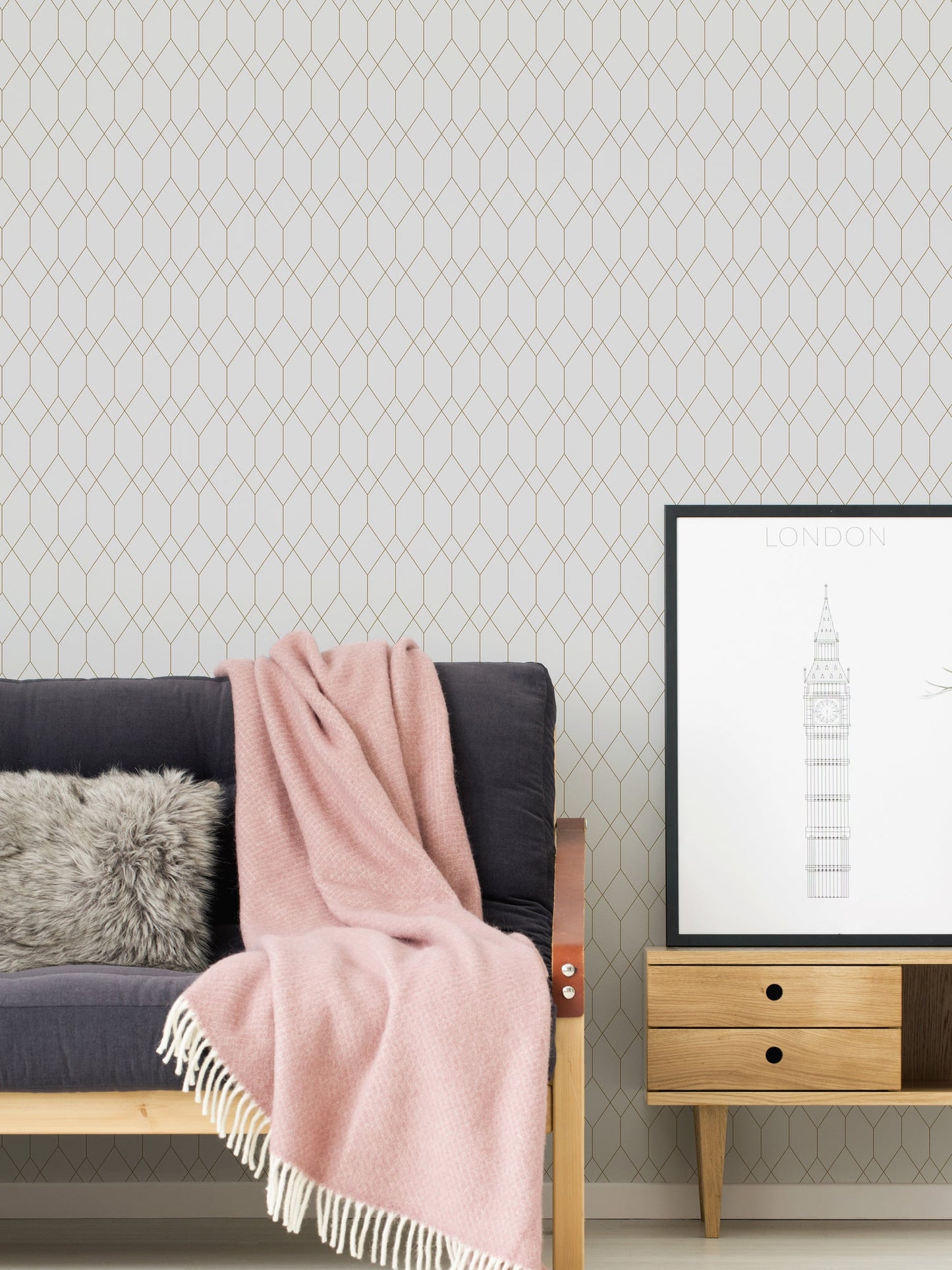 The Wallcover Tapete selbstklebend mit geometrischem Design Weiß Gold 8,40 m x 0,53 m