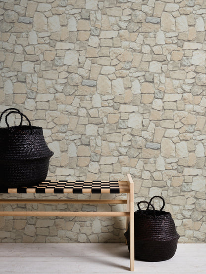 The Wallcover Tapete selbstklebend in Natursteinoptik Beige Creme 8,40 m x 0,53 m