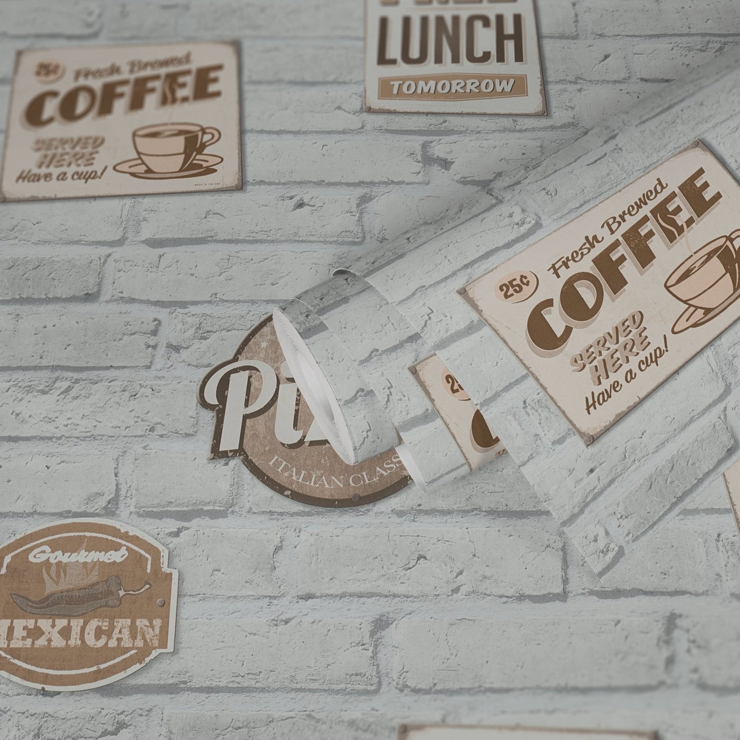 The Wallcover Küchentapete selbstklebend mit Kaffeemotiv Weiß Beige Creme 8,40 m x 0,53 m