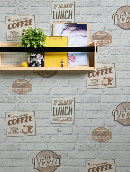 The Wallcover Küchentapete selbstklebend mit Kaffeemotiv Weiß Beige Creme 8,40 m x 0,53 m