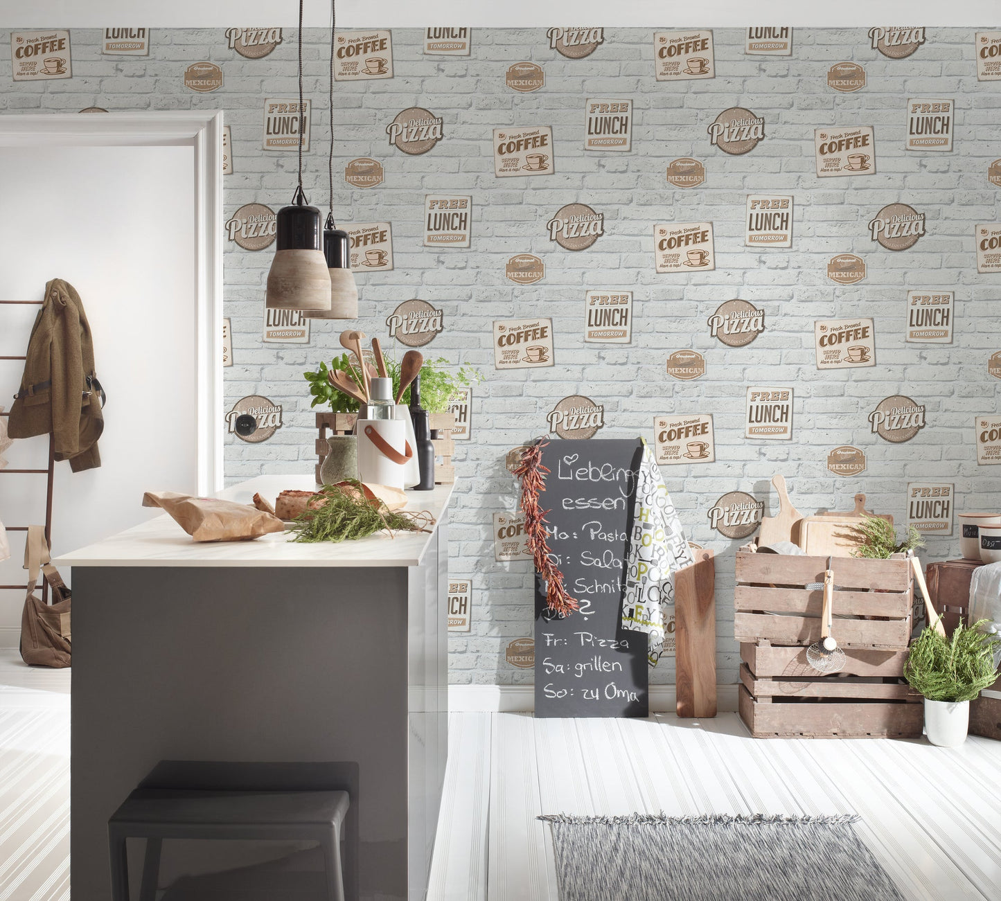 The Wallcover Küchentapete selbstklebend mit Kaffeemotiv Weiß Beige Creme 8,40 m x 0,53 m