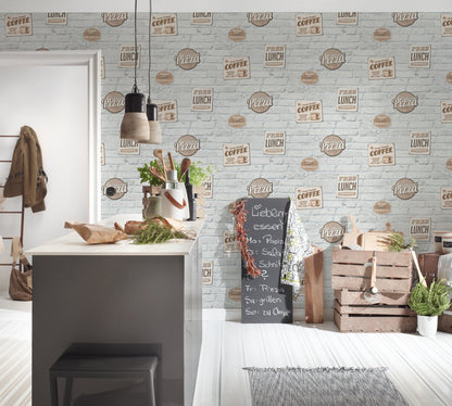 The Wallcover Küchentapete selbstklebend mit Kaffeemotiv Weiß Beige Creme 8,40 m x 0,53 m