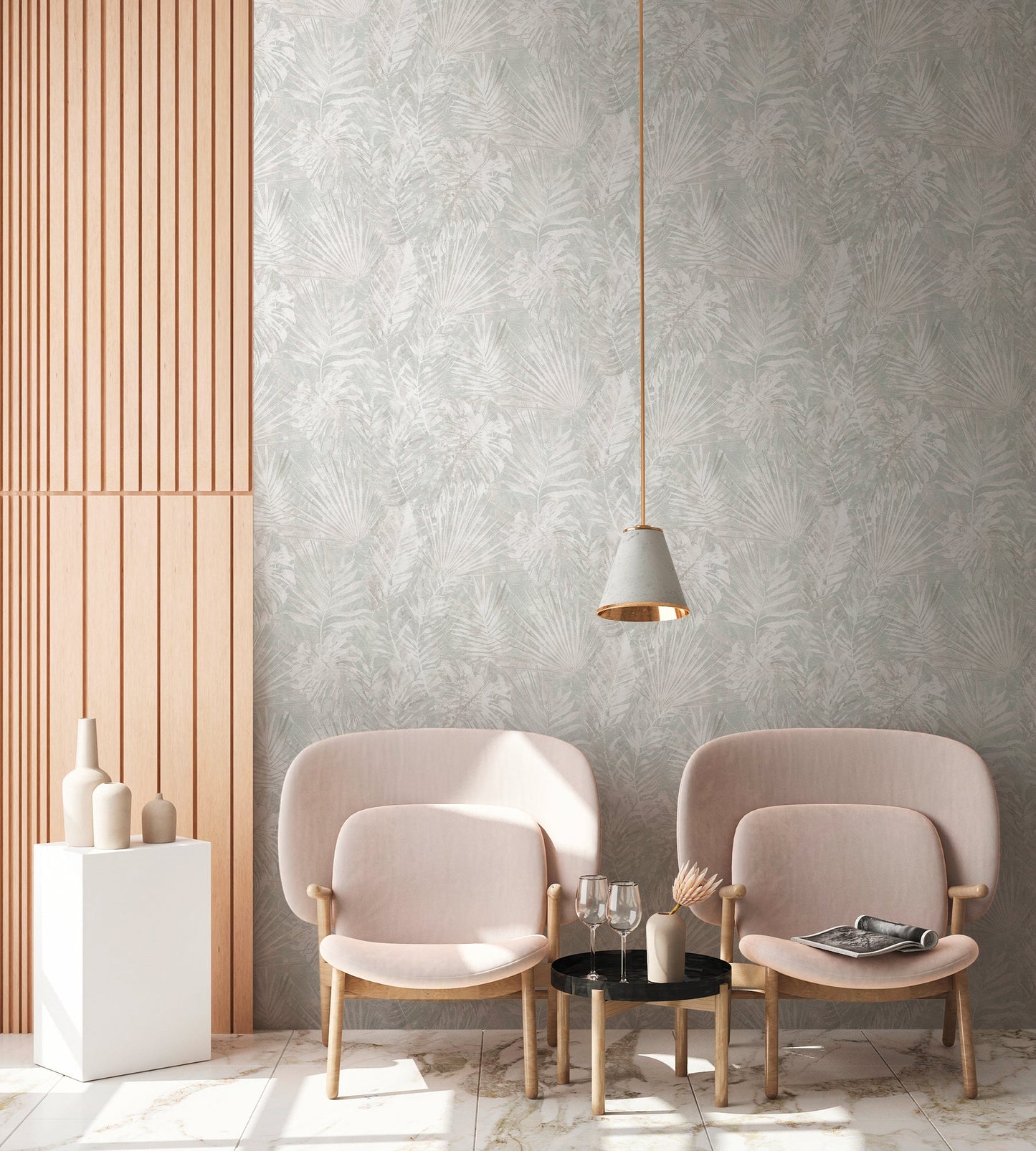 Natural Living Blätter Vliestapete Grau Beige Weiß 10,05 m x 0,53 m
