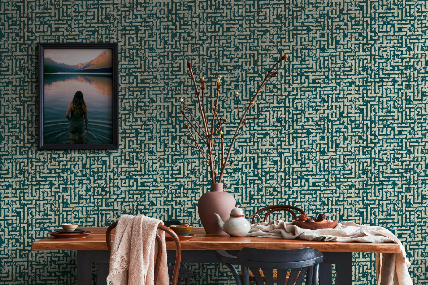 Livingwalls My Home My Spa Geometrische Vliestapete Petrol Gold Silber 10,05 m x 0,53 m