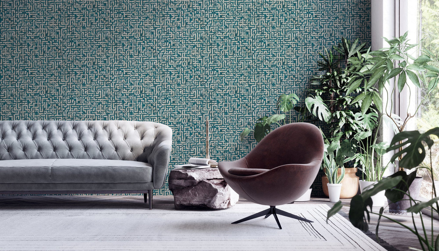 Livingwalls My Home My Spa Geometrische Vliestapete Petrol Gold Silber 10,05 m x 0,53 m