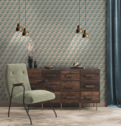 Nara Hexagon Vliestapete Blau Beige Grau Grün 10,05 m x 0,53 m