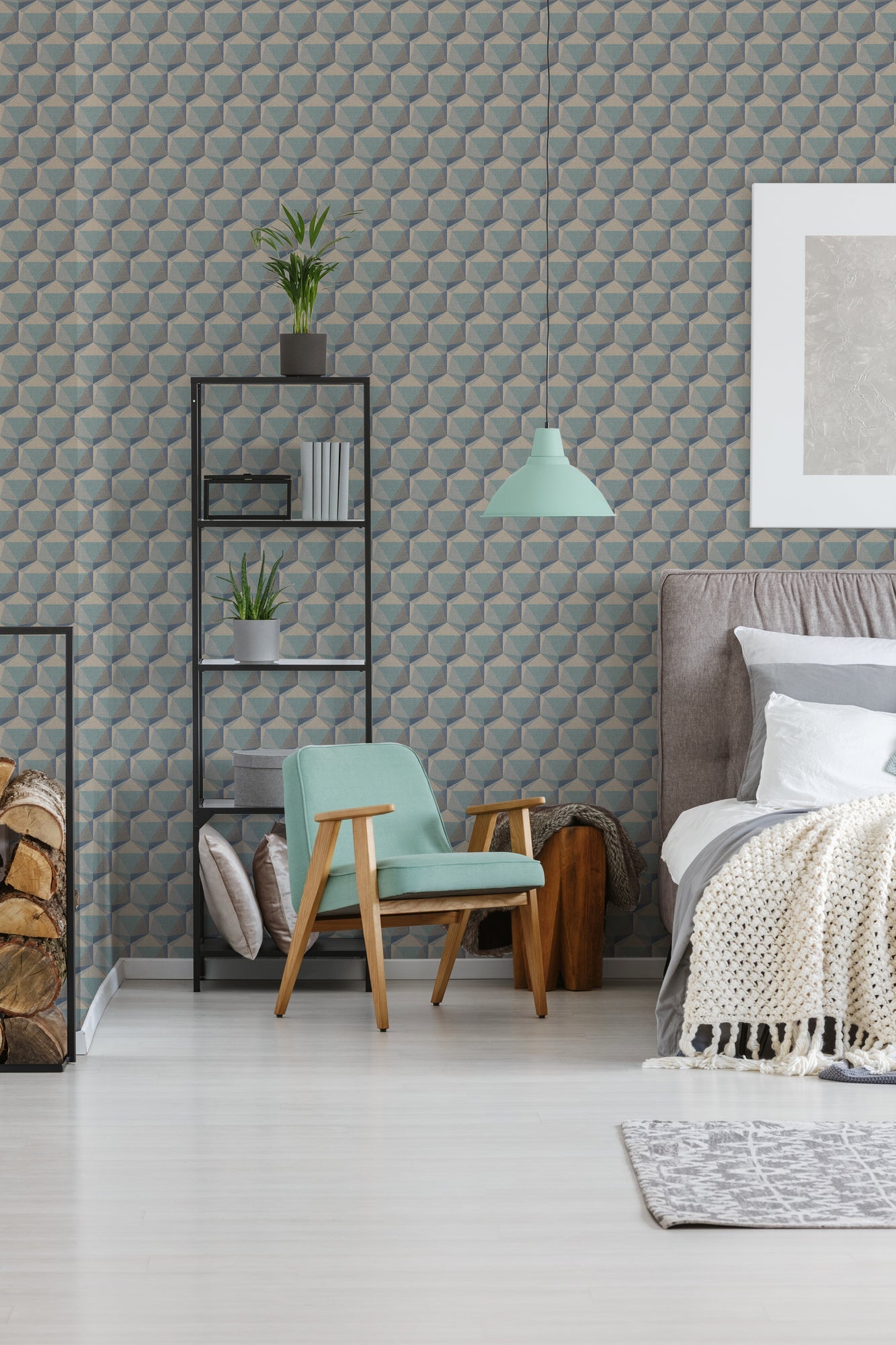 Nara Hexagon Vliestapete Blau Beige Grau Grün 10,05 m x 0,53 m