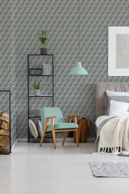 Nara Hexagon Vliestapete Blau Beige Grau Grün 10,05 m x 0,53 m