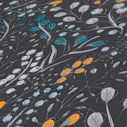 Attractive 2 Florale Vliestapete Schwarz Gelb Blau 10,05 m x 0,53 m