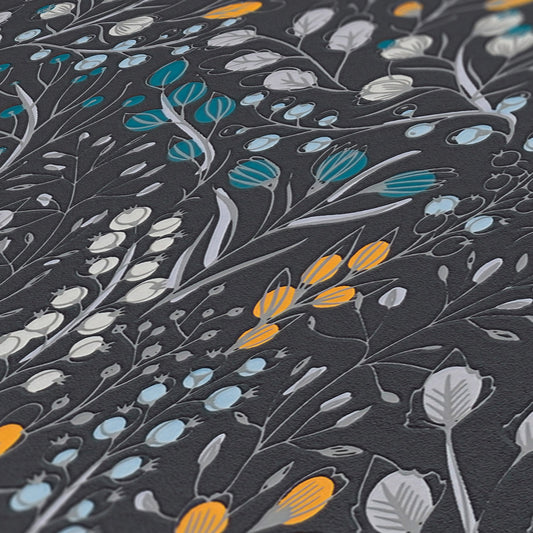 Attractive 2 Florale Vliestapete Schwarz Gelb Blau 10,05 m x 0,53 m