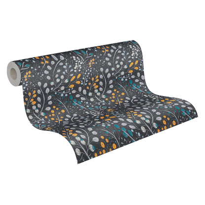 Attractive 2 Florale Vliestapete Schwarz Gelb Blau 10,05 m x 0,53 m
