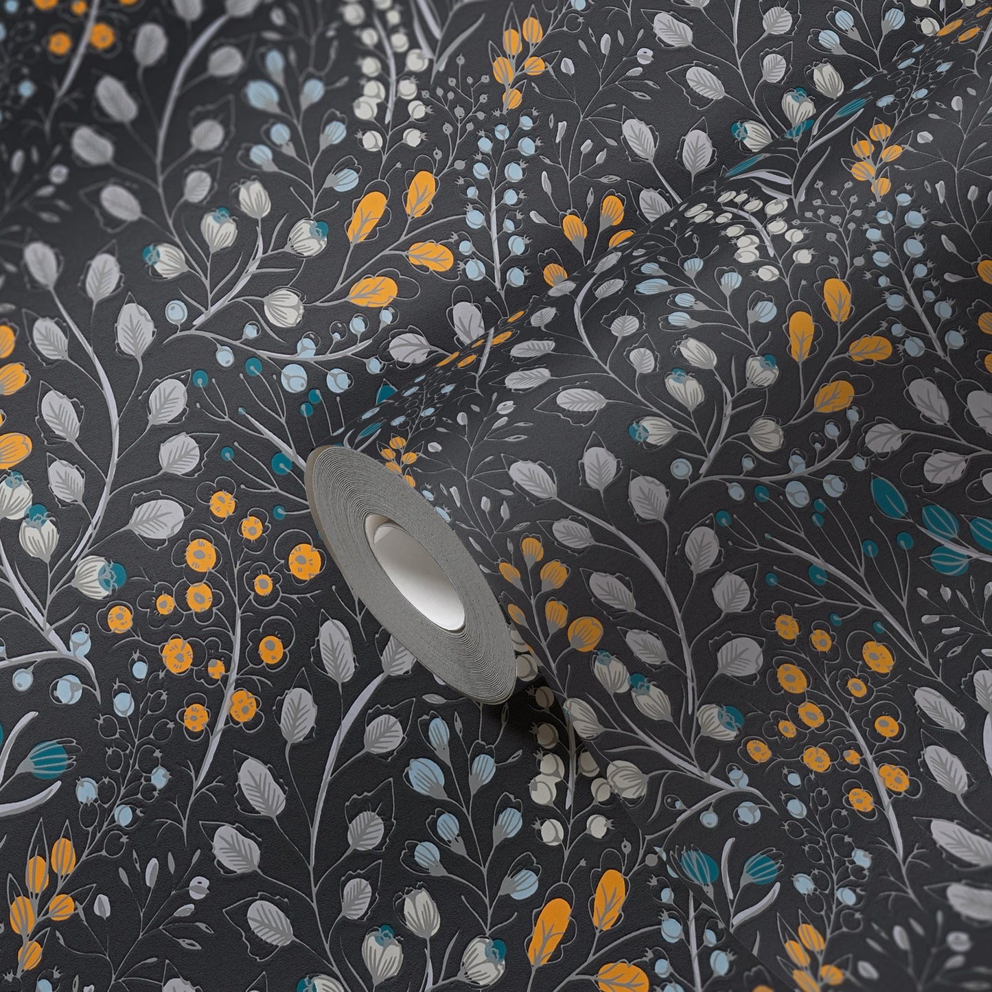 Attractive 2 Florale Vliestapete Schwarz Gelb Blau 10,05 m x 0,53 m