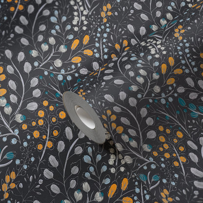 Attractive 2 Florale Vliestapete Schwarz Gelb Blau 10,05 m x 0,53 m