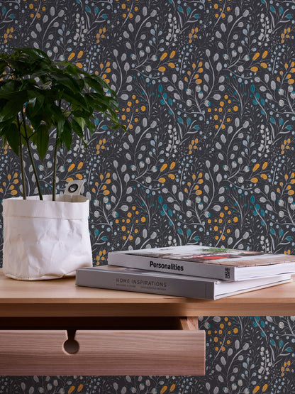 Attractive 2 Florale Vliestapete Schwarz Gelb Blau 10,05 m x 0,53 m