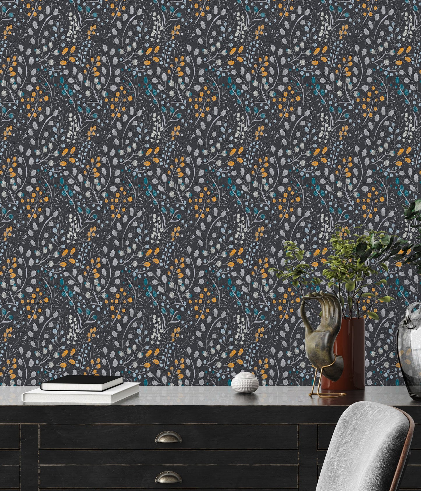 Attractive 2 Florale Vliestapete Schwarz Gelb Blau 10,05 m x 0,53 m