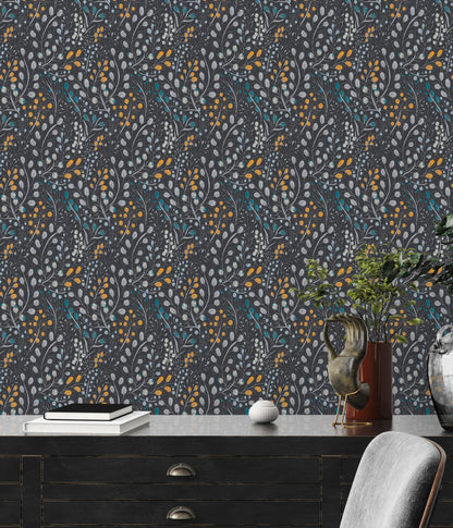 Attractive 2 Florale Vliestapete Schwarz Gelb Blau 10,05 m x 0,53 m
