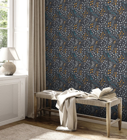 Attractive 2 Florale Vliestapete Schwarz Gelb Blau 10,05 m x 0,53 m