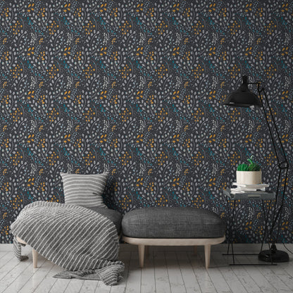 Attractive 2 Florale Vliestapete Schwarz Gelb Blau 10,05 m x 0,53 m