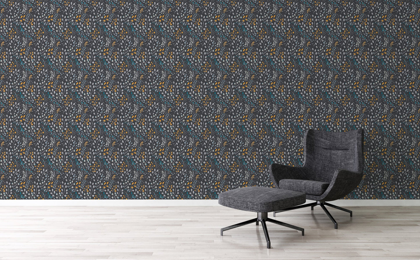 Attractive 2 Florale Vliestapete Schwarz Gelb Blau 10,05 m x 0,53 m