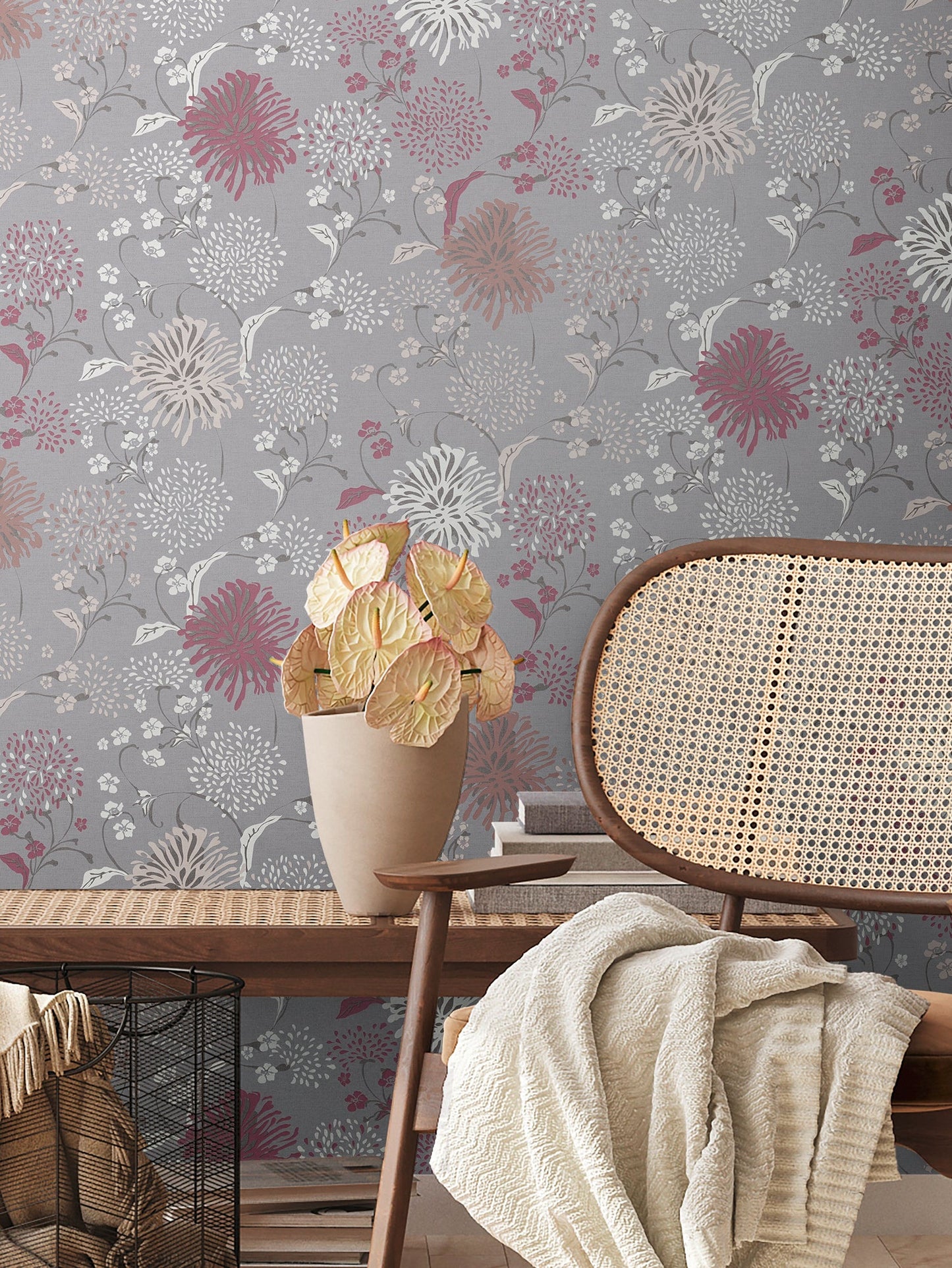 Livingwalls House of Turnowsky Florale Vliestapete Grau Weiß Rot Lila 10,05 m x 0,53 m