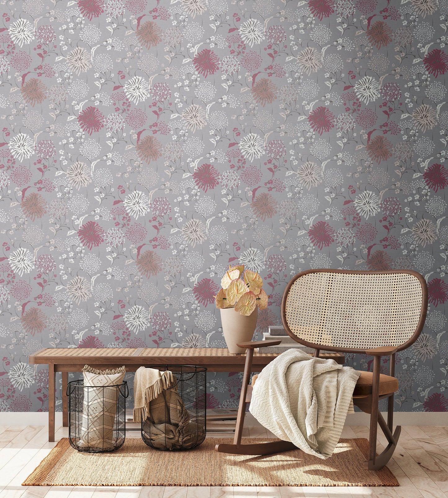 Livingwalls House of Turnowsky Florale Vliestapete Grau Weiß Rot Lila 10,05 m x 0,53 m
