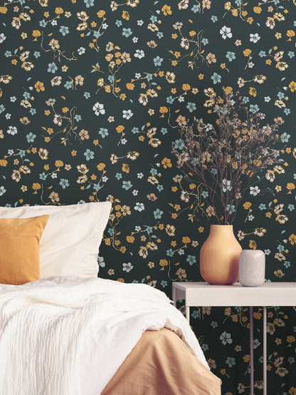 Livingwalls House of Turnowsky Florale Vliestapete Schwarz Gelb Orange Blau 10,05 m x 0,53 m