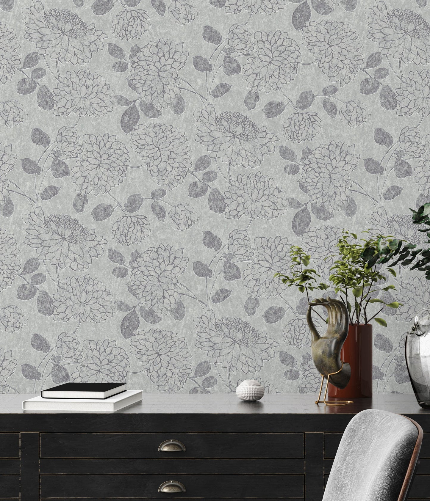 Attractive 2 Florale Vliestapete Hellgrau Silber 10,05 m x 0,53 m