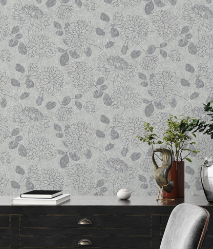 Attractive 2 Florale Vliestapete Hellgrau Silber 10,05 m x 0,53 m