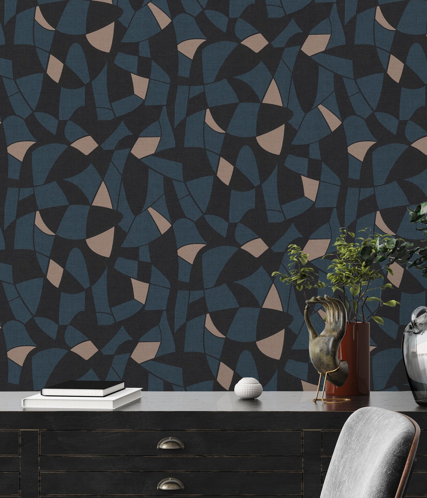 Antigua Geometrische Vliestapete Schwarz Blau Beige 10,05 m x 0,53 m