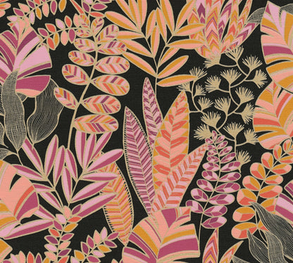 Antigua Pflanzen Vliestapete Schwarz Pink Orange Gold 10,05 m x 0,53 m