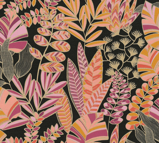 Antigua Pflanzen Vliestapete Schwarz Pink Orange Gold 10,05 m x 0,53 m
