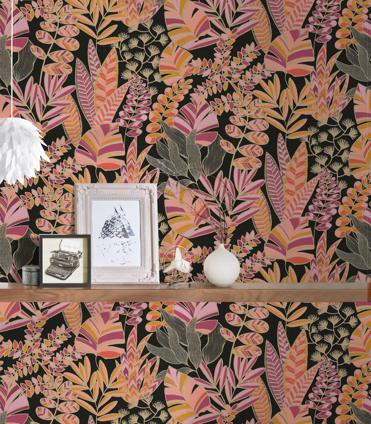 Antigua Pflanzen Vliestapete Schwarz Pink Orange Gold 10,05 m x 0,53 m