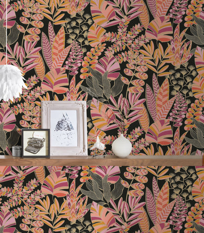 Antigua Pflanzen Vliestapete Schwarz Pink Orange Gold 10,05 m x 0,53 m