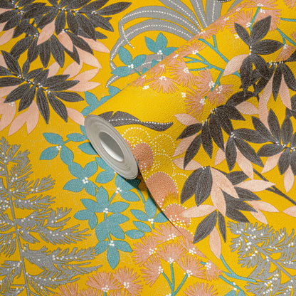 Livingwalls Zoe Miami Blätter Vliestapete Gelb Schwarz Rosa Blau 10,05 m x 0,53 m