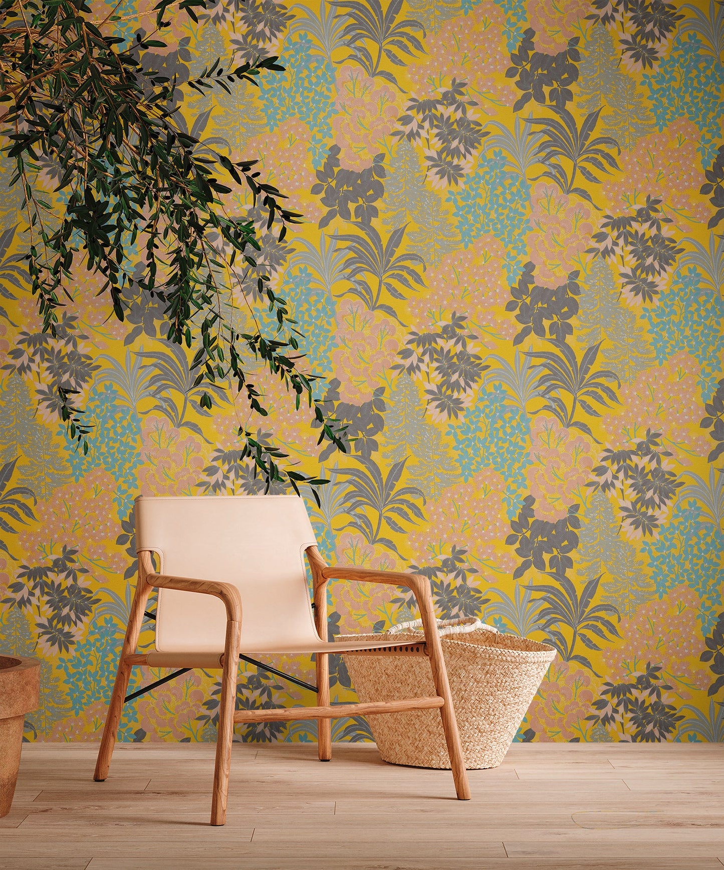 Livingwalls Zoe Miami Blätter Vliestapete Gelb Schwarz Rosa Blau 10,05 m x 0,53 m