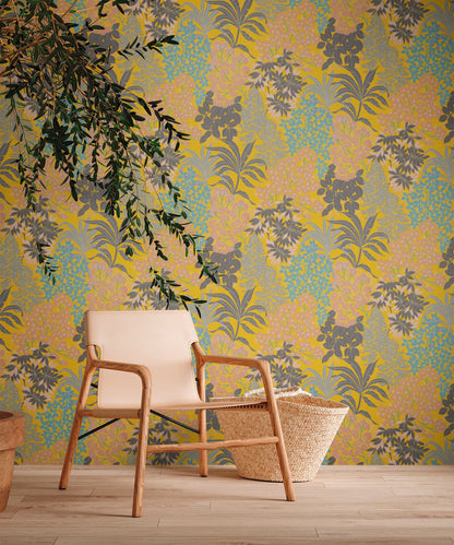 Livingwalls Zoe Miami Blätter Vliestapete Gelb Schwarz Rosa Blau 10,05 m x 0,53 m