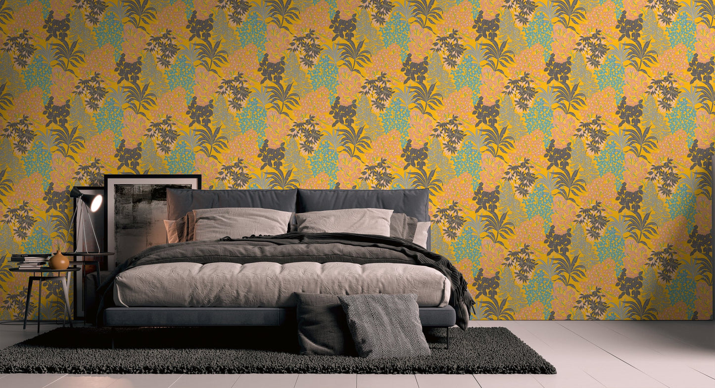 Livingwalls Zoe Miami Blätter Vliestapete Gelb Schwarz Rosa Blau 10,05 m x 0,53 m
