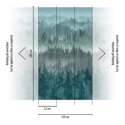 Fototapete Wald Nebel Petrol Grün - 1,59 m x 2,80 m
