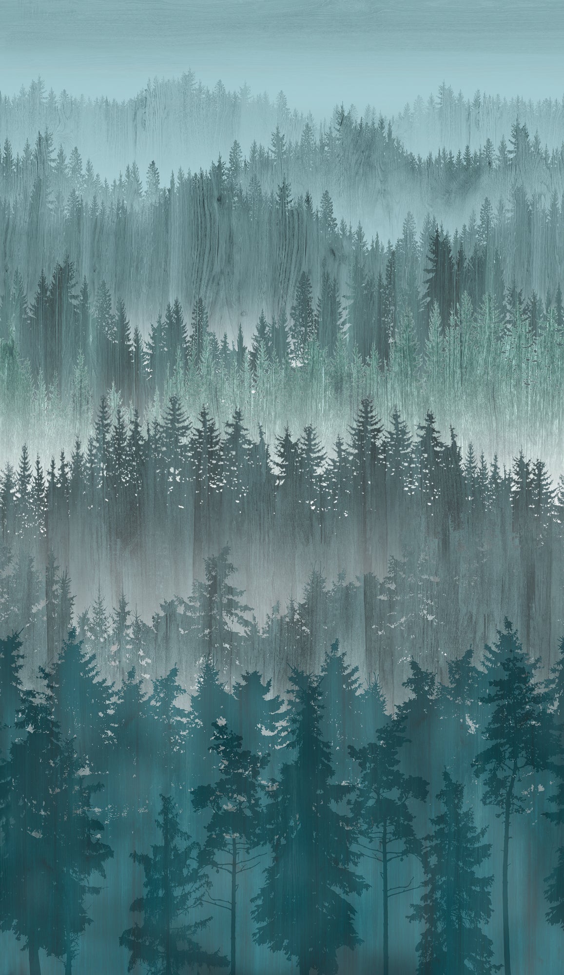 Fototapete Wald Nebel Petrol Grün - 1,59 m x 2,80 m