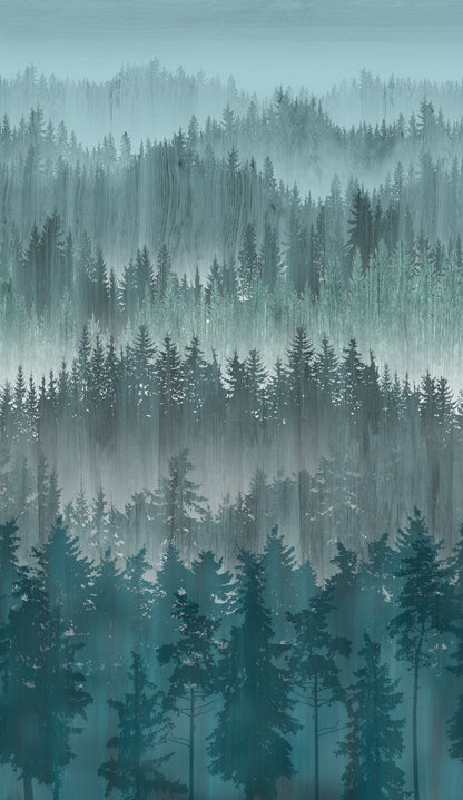 Fototapete Wald Nebel Petrol Grün - 1,59 m x 2,80 m