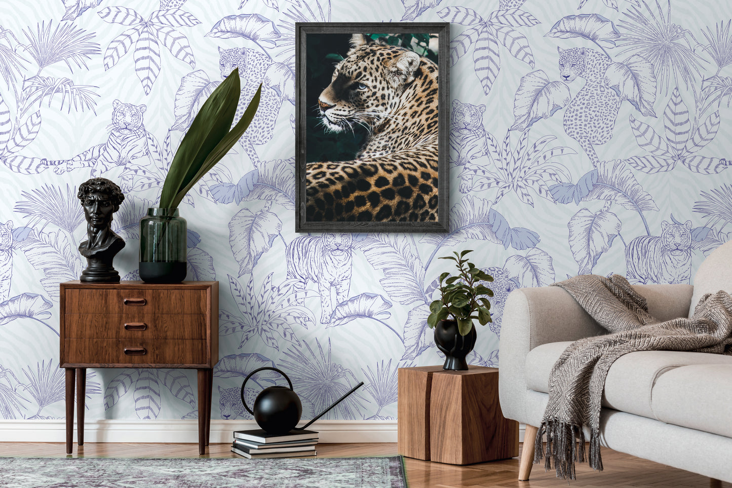 Fototapete Dschungel Tiere Blau Weiß - 1,59 m x 2,80 m